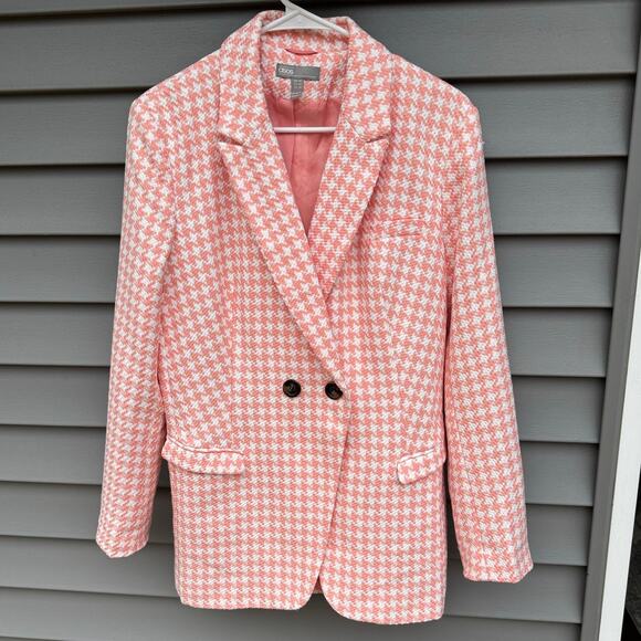 ASOS size 10 Pink and White Dogstooth Houndstooth Long Suit Blazer Jacket - Picture 3 of 12